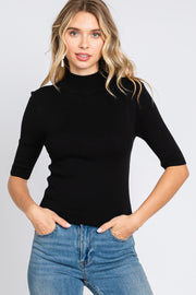 Black Mock Neck Short Sleeve Knit Top