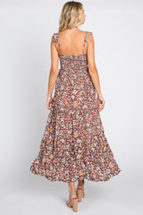 Brown Floral Cinched Tiered Midi Dress