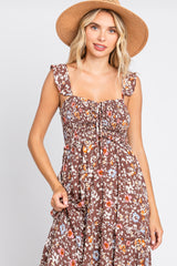 Brown Floral Cinched Tiered Midi Dress