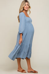 Blue Striped 3/4 Cinched Sleeve Tiered Maternity Midi Dress