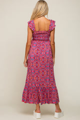 Magenta Printed Smocked Maternity Maxi Dress