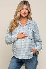 Light Blue Plaid Front Pocket Hi-Low Maternity Top