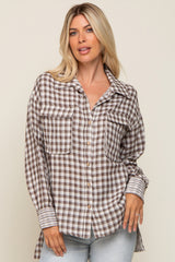 Brown Plaid Front Pocket Hi-Low Maternity Top