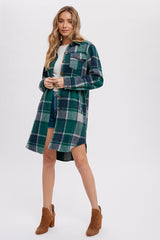 Green Plaid Fleece Maternity Long Shirt Jacket