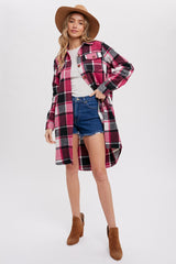 Pink Plaid Fleece Maternity Long Shirt Jacket