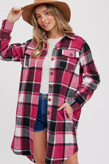 Pink Plaid Fleece Long Shirt Jacket