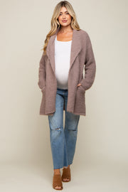 Mocha Fuzzy Knit Draped Maternity Cardigan