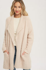 Beige Fuzzy Knit Draped Maternity Cardigan