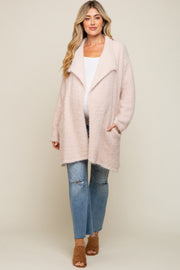 Beige Fuzzy Knit Draped Maternity Cardigan