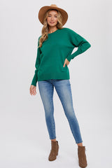 Green Rib Knit Exposed Seam Sweater