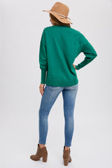 Green Rib Knit Exposed Seam Sweater