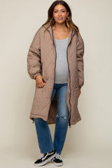 Light Taupe Quilted Long Maternity Puffer Jacket