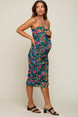 Blue Floral Sweetheart Halter Mesh Maternity Midi Dress