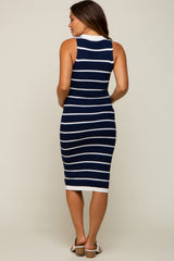 Navy Blue Striped Sleeveless Collared Maternity Midi Dress