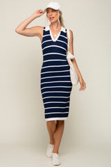 Navy Blue Striped Sleeveless Collared Maternity Midi Dress