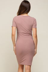 Taupe Rib Knit Wrap Ruched Maternity Dress