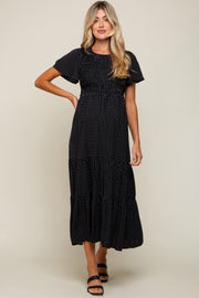 Black Printed Short Sleeve Tiered Maternity Maxi Dress