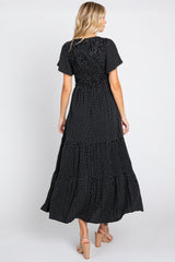 Black Printed Short Sleeve Tiered Maxi Dress