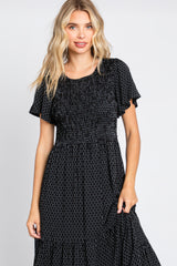 Black Printed Short Sleeve Tiered Maxi Dress