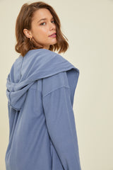 Blue Raw Hem Hooded Cardigan