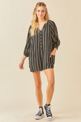 Black Printed Front Button Romper