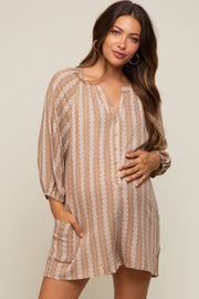 Light Mocha Printed Front Button Maternity Romper