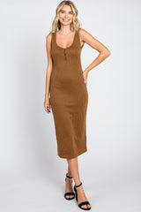 Camel Houndstooth Button Front Midi Dress