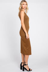 Camel Houndstooth Button Front Midi Dress