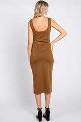 Camel Houndstooth Button Front Midi Dress