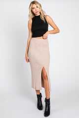 Taupe Ribbed Knit Front Slit Maternity Midi Skirt