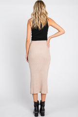 Taupe Ribbed Knit Front Slit Midi Skirt