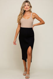 Black Ribbed Knit Front Slit Maternity Midi Skirt