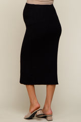 Black Ribbed Knit Front Slit Maternity Midi Skirt