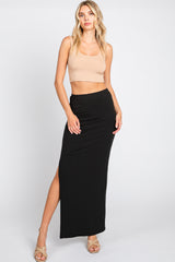 Black Ribbed Knit Front Slit Midi Skirt