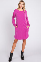 Magenta Rib Knit Long Sleeve Dress