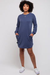 Navy Rib Knit Long Sleeve Dress