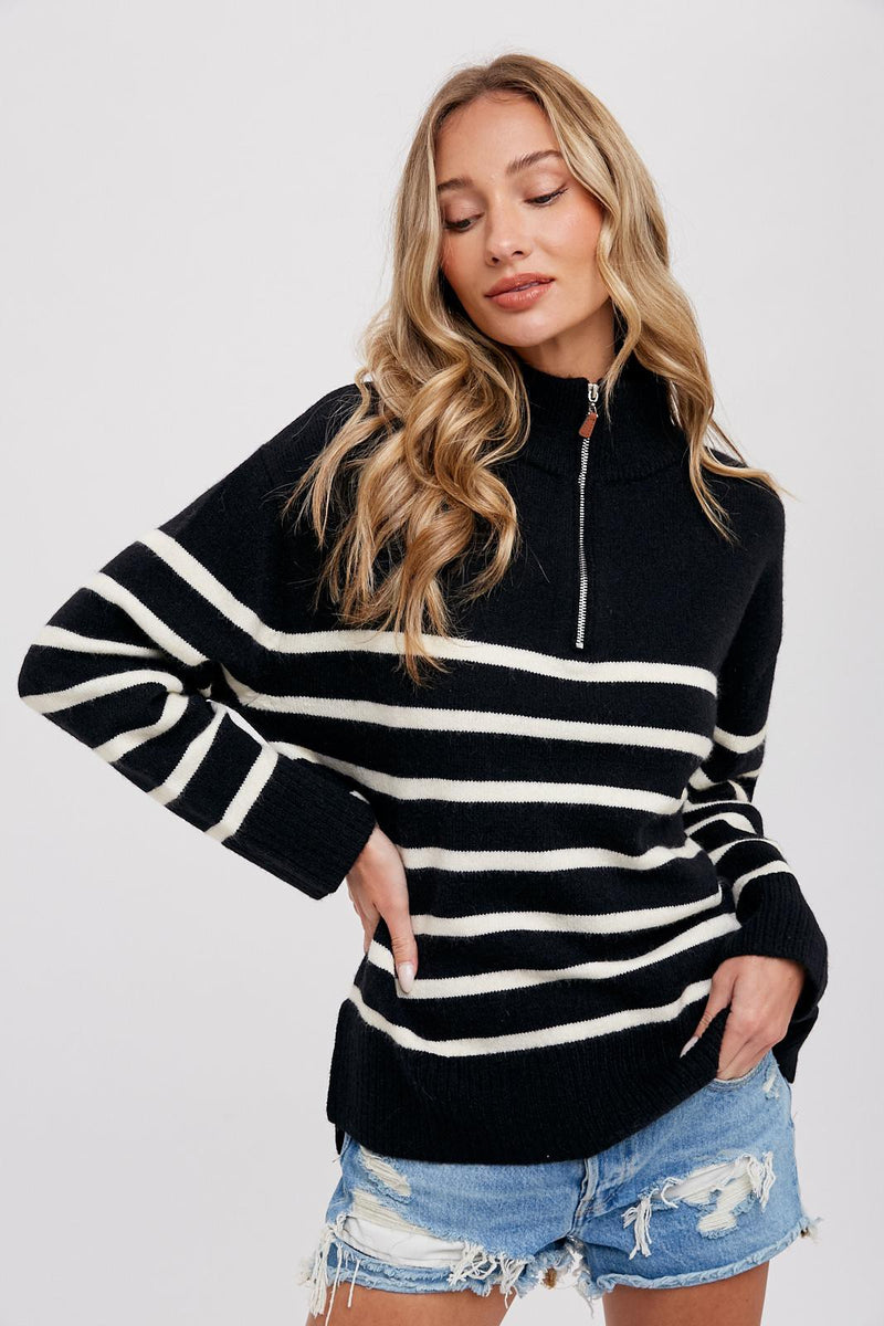 Black Striped Half Zip Sweater– PinkBlush