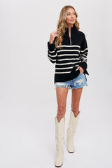 Black Striped Half Zip Sweater