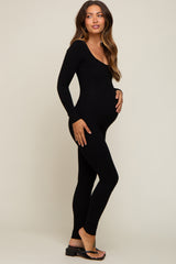 Black Ribbed Square Neck Long Sleeve Maternity Jumpsuit