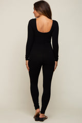 Black Ribbed Square Neck Long Sleeve Maternity Jumpsuit