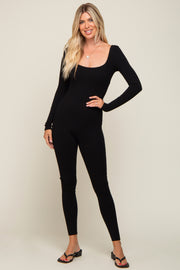 Black Ribbed Square Neck Long Sleeve Jumpsuit