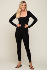 Black Ribbed Square Neck Long Sleeve Jumpsuit