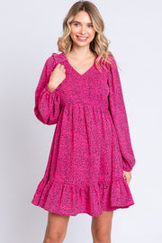 Fuchsia Dot Print Long Sleeve Ruffle Dress