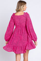 Fuchsia Dot Print Long Sleeve Ruffle Dress