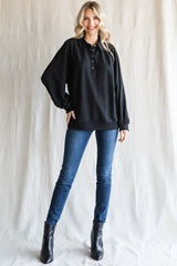 Black Oversized Snap Button Collared Top