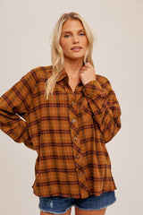 Rust Plaid Button Down Raw Edge Maternity Flannel Top