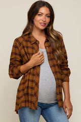 Rust Plaid Button Down Raw Edge Maternity Flannel Top