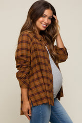 Rust Plaid Button Down Raw Edge Maternity Flannel Top