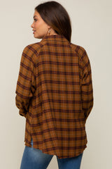 Rust Plaid Button Down Raw Edge Maternity Flannel Top