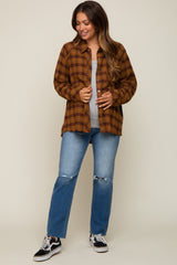 Rust Plaid Button Down Raw Edge Maternity Flannel Top